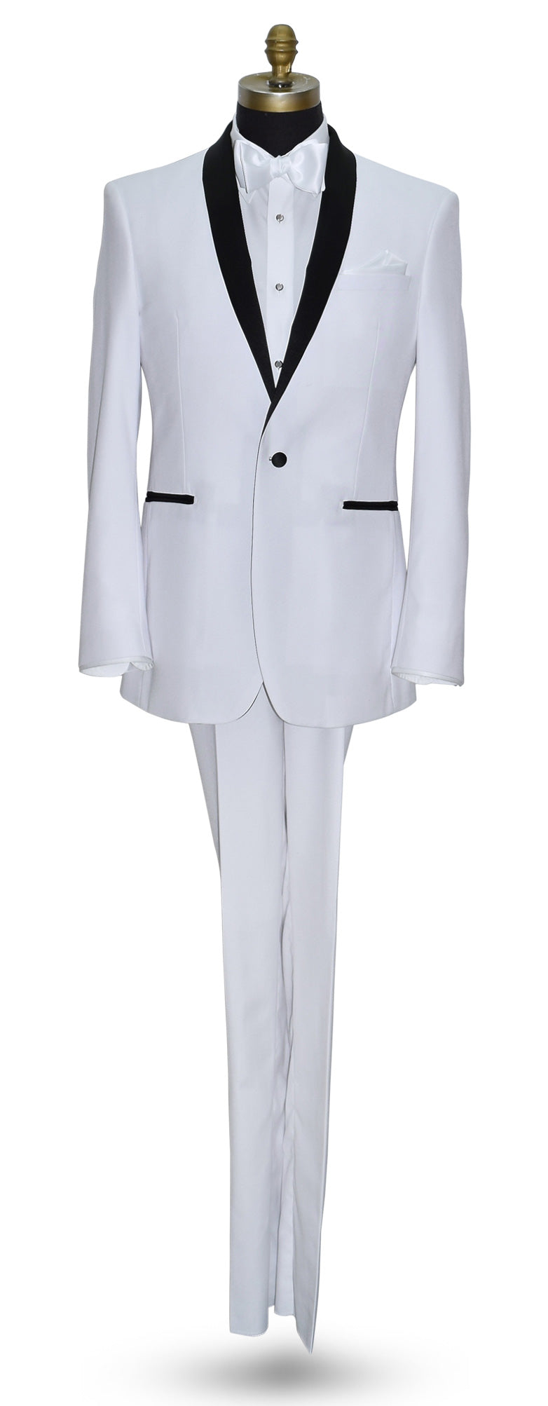 White tuxedo with black shawl collar with white satin bowtie and white tuxedo pants on a mannequin against a white background