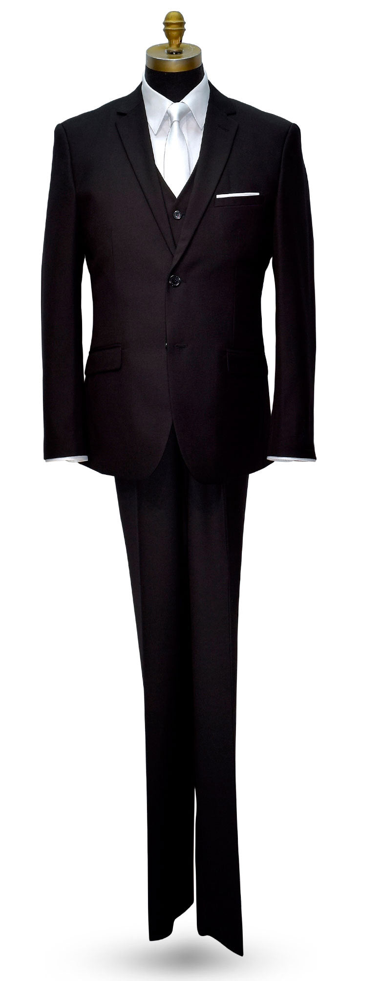 life size mannequin wearing a men's 3 piece black groom suit with a white shirt and a white skinny low-luster satin necktie 