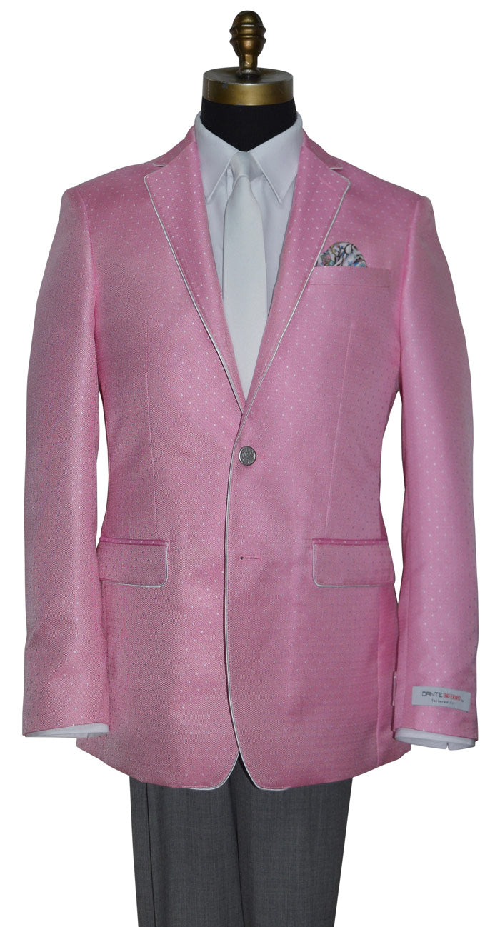 close-up Pink blazer wearing a "Dante Inferno" branded label with white trim on a mannequin with a white shirt and a white skinny low-luster satin necktie against a white background