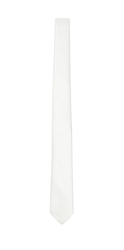 White skinny low-luster satin necktie on a white background
