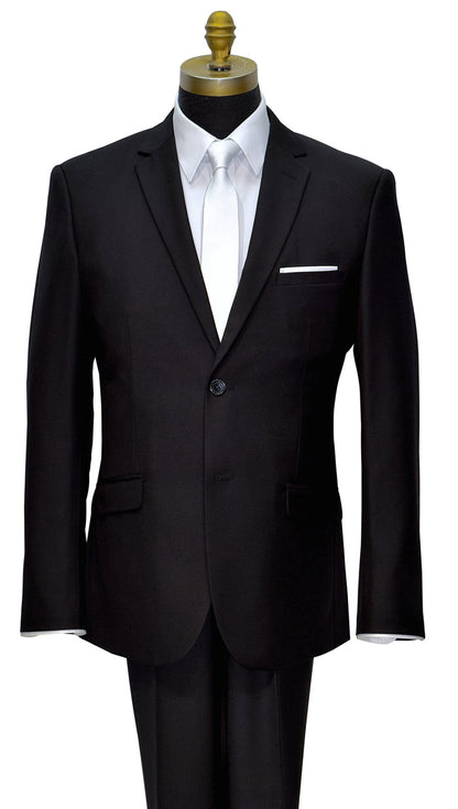 Black mens suit with white shirt and a white skinny satin necktie on a mannequin against a white background
