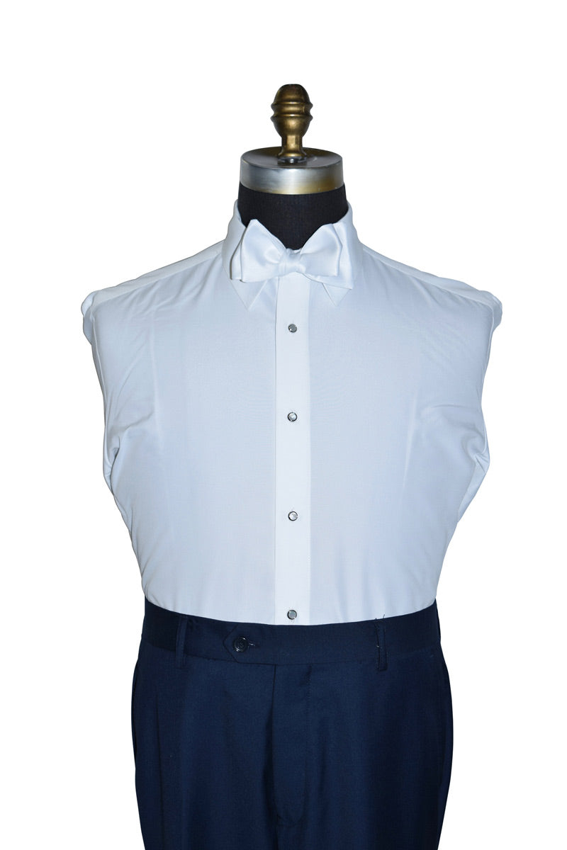 White dress shirt on a mannequin with  a white "tie-yourself" bowtie shown with navy pants against a white background