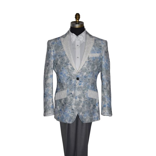 mannequin wearing a blue and gray tuxedo with a white "tie-yourself" bowtie against a white background