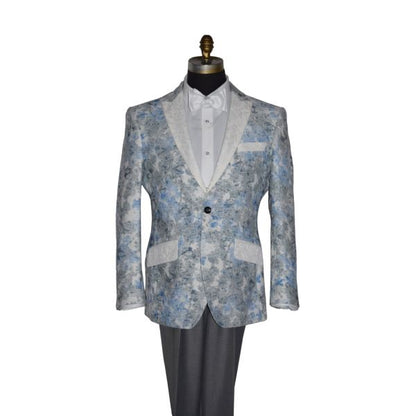 mannequin wearing a blue and gray tuxedo with a white "tie-yourself" bowtie against a white background