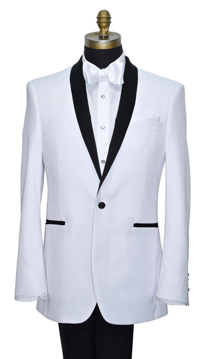 close-up White tuxedo with black shawl collar with white bowtie and black tuxedo pants on a mannequin against a white background