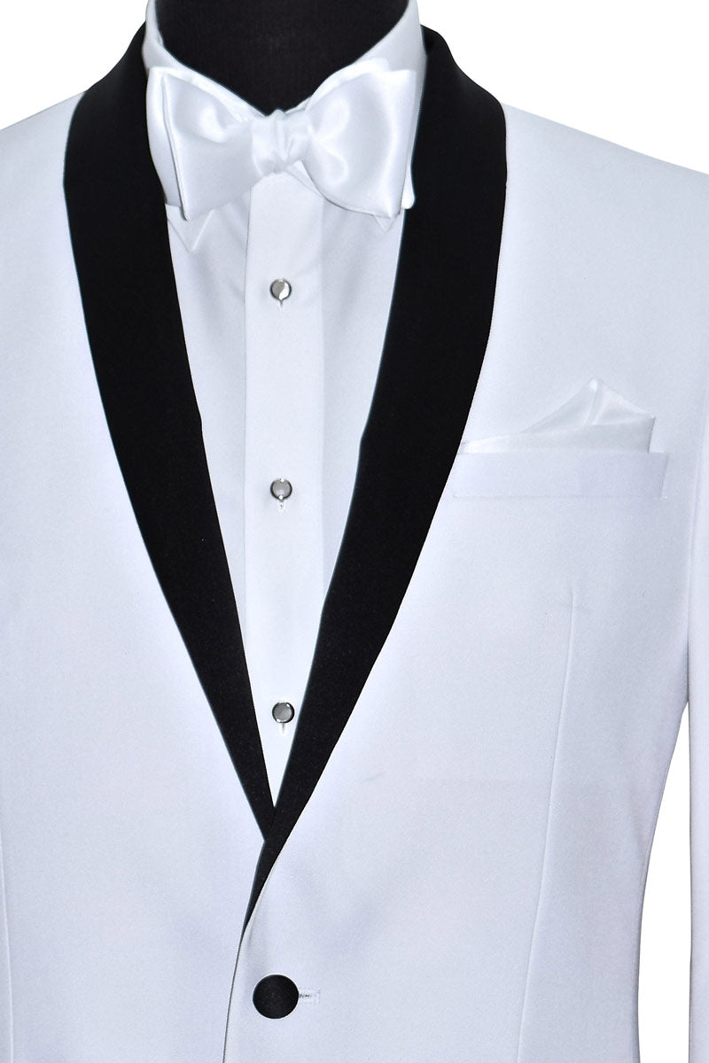 super close-up of White tuxedo with black shawl collar with white bowtie and black tuxedo pants on a mannequin against a white background