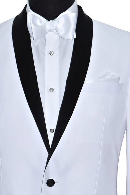 super close-up of White tuxedo with black shawl collar with white bowtie and black tuxedo pants on a mannequin against a white background