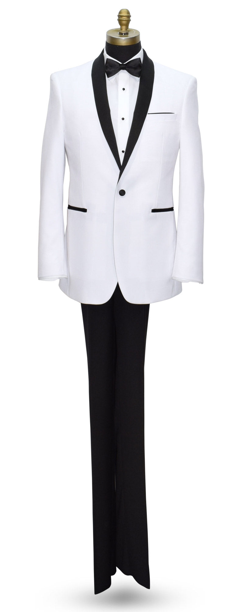 White tuxedo with black shawl collar with black satin bowtie and black tuxedo pants on a mannequin against a white background