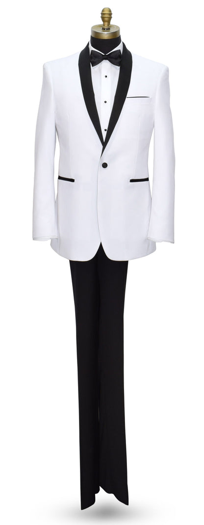 White tuxedo with black shawl collar with black satin bowtie and black tuxedo pants on a mannequin against a white background