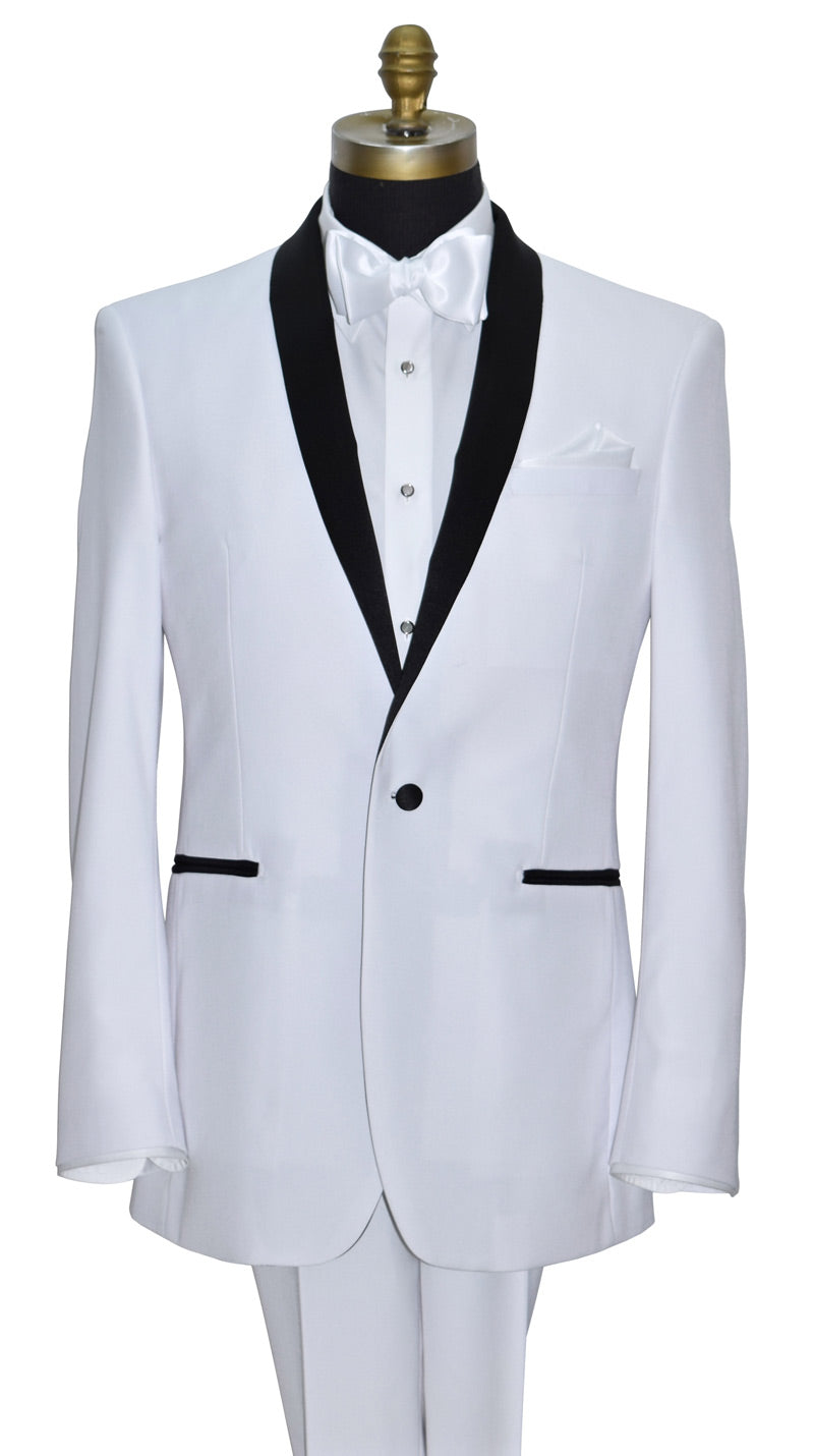 close-up front view white tuxedo with black shawl collar with white satin bowtie and white tuxedo pants on a mannequin against a white background