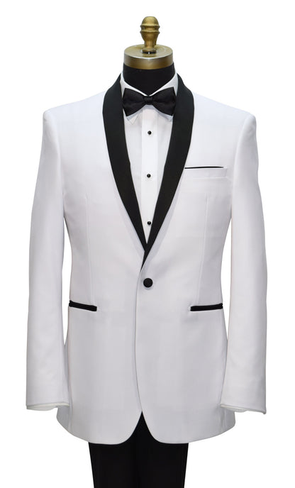 close-up White tuxedo with black shawl collar with black satin bowtie and black tuxedo pants on a mannequin against a white background