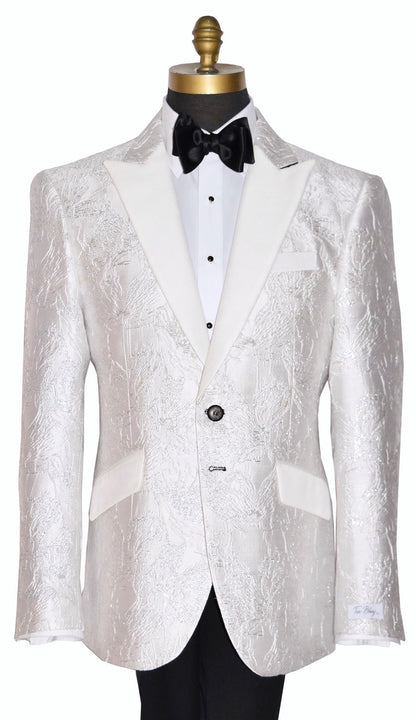White peak lapel tuxedo with silver highlights on a mannequin with a black bow tie against a white background