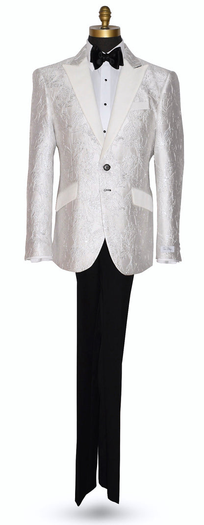 life size mannequin wearing a white patterned tuxedo jacket on a mannequin with a black bow tie against a white background