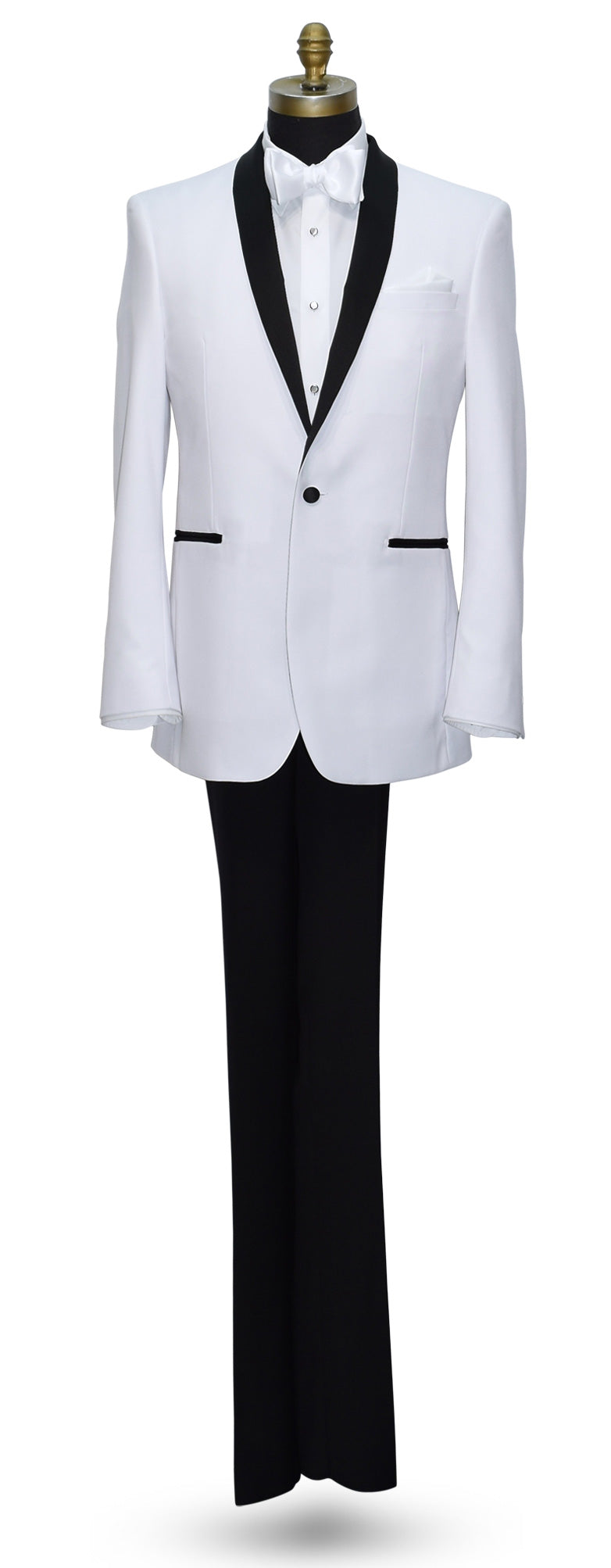 White tuxedo with black shawl collar with white bowtie and black tuxedo pants on a mannequin against a white background