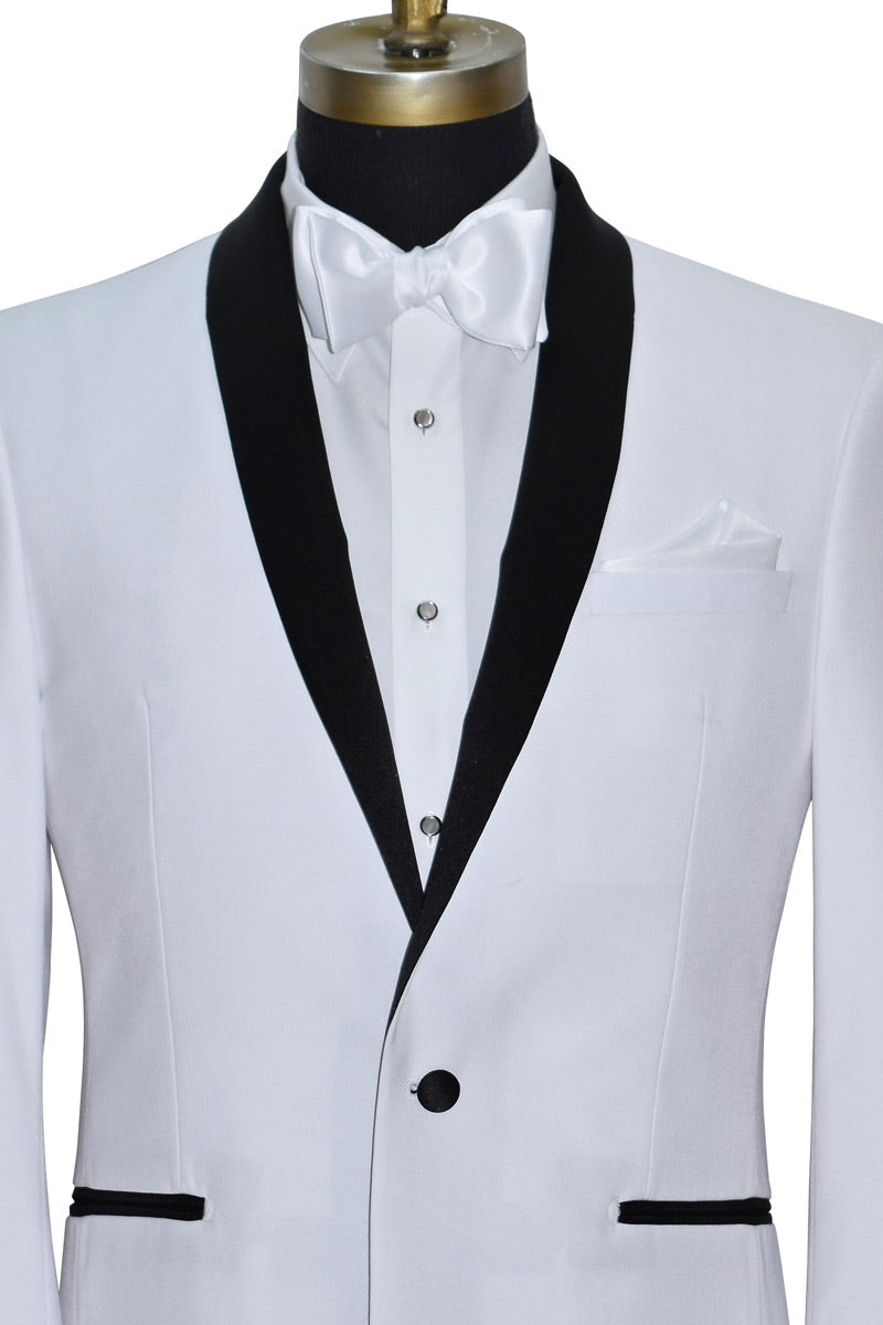 very close up of White tuxedo with black shawl collar with white bowtie and black tuxedo pants on a mannequin against a white background