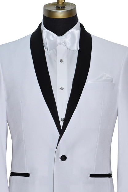 very close up of White tuxedo with black shawl collar with white bowtie and black tuxedo pants on a mannequin against a white background