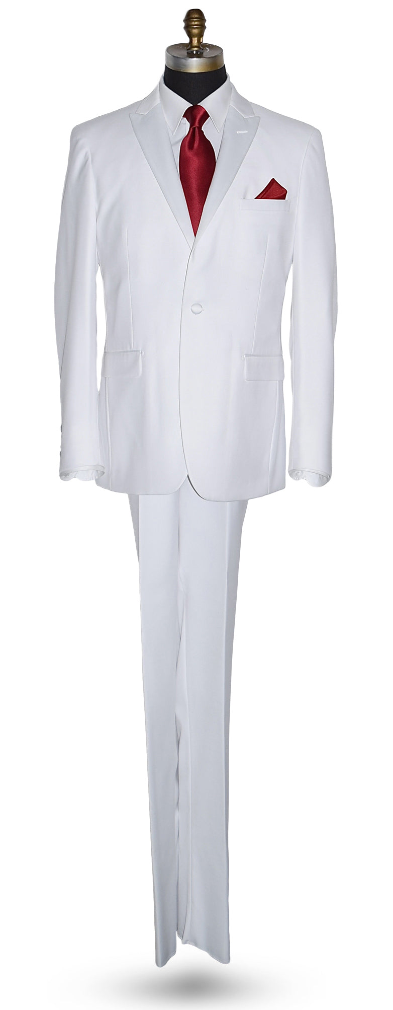 life size mannequin wearing white peak lapel tuxedo with red neck-tie and pocket square on a white background