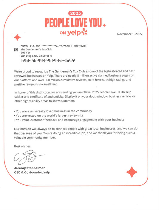 Yelp 'People Love You' certificate for The Gentleman's Tux Club with red border and text.