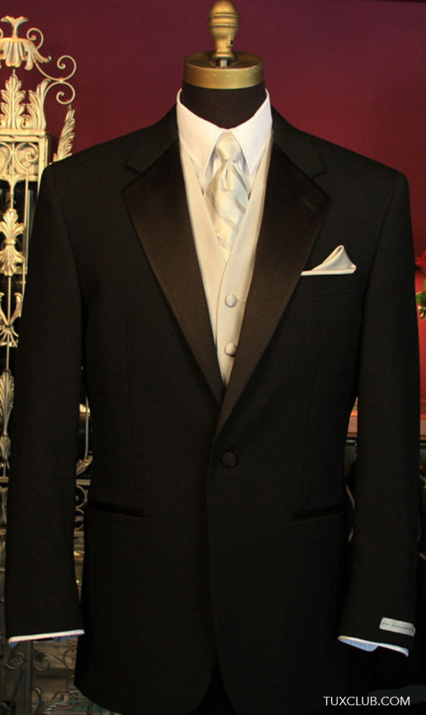 1 Button Notch with Platinum Vest and Platinum Stripe Long Tie Tux