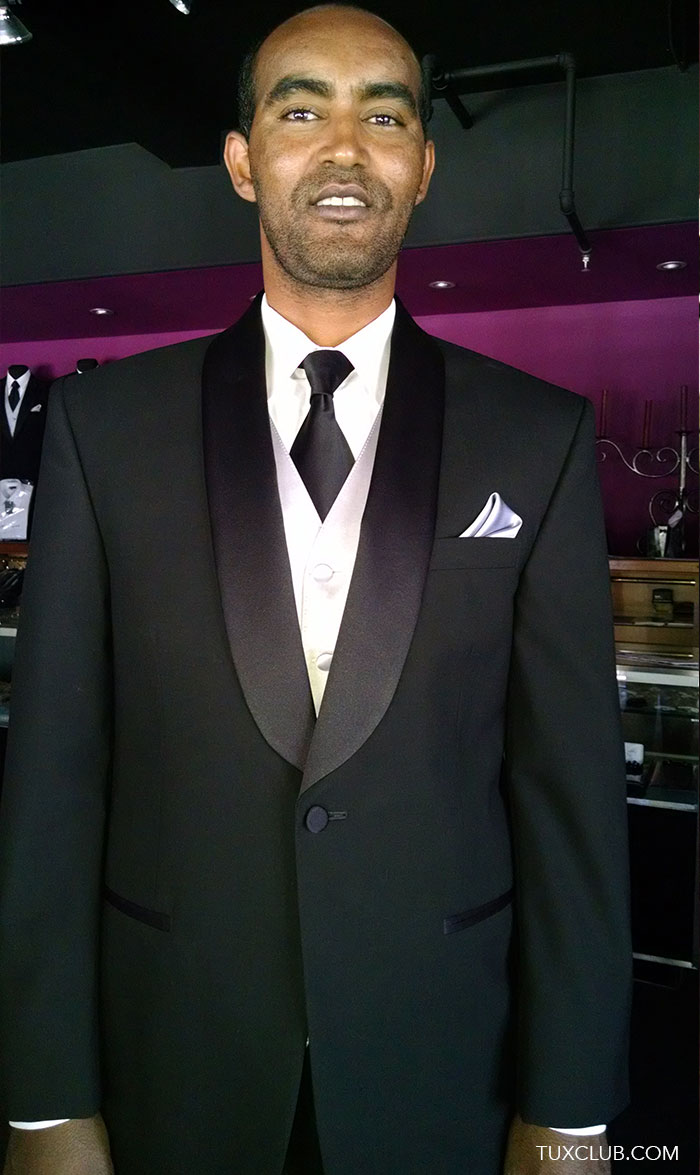 1 Button Shawl Collar with Platinum Vest and Black Satin Dress Tie