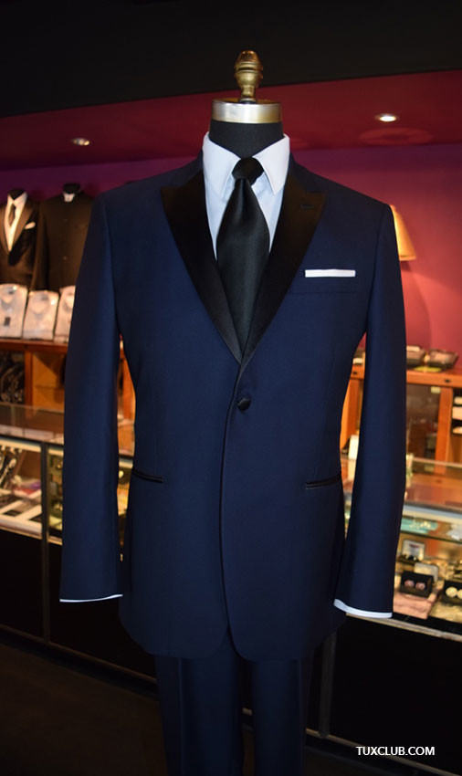 Navy Blue Tuxedo with Black Satin Dress Tie | Tux Shop | Tuxedo Rentals