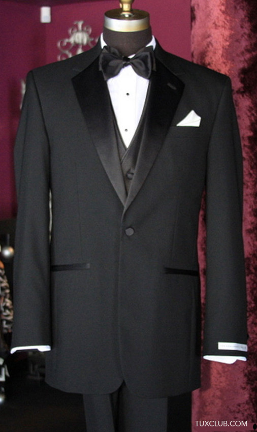 1 Button Notch Tuxedo with Laydown Collar Shirt, Black Textured Vest ...