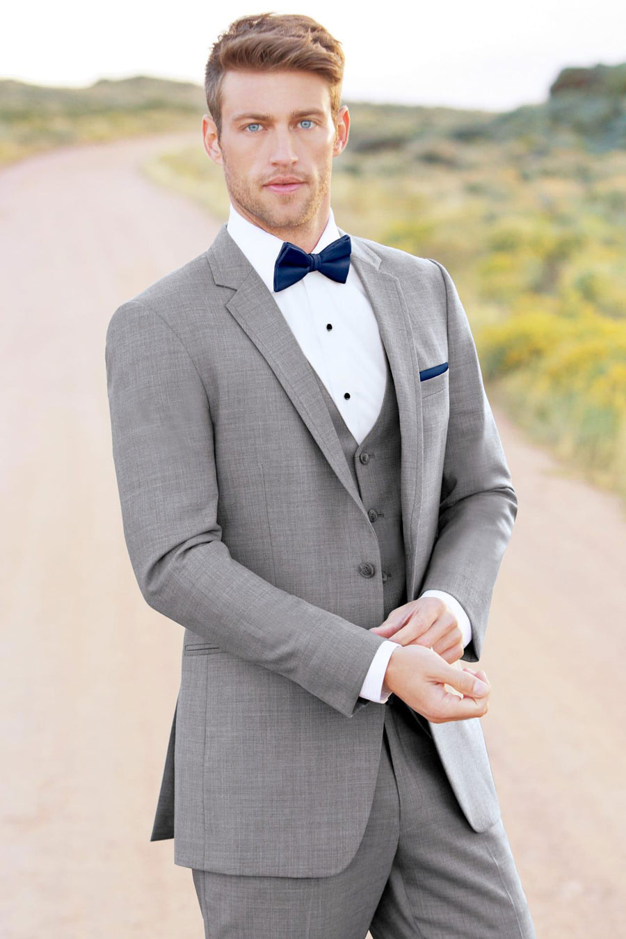 Light Gray Allure Suit with Matching Vest and White Dress Shirt and White Deluxe Satin Dress Tie