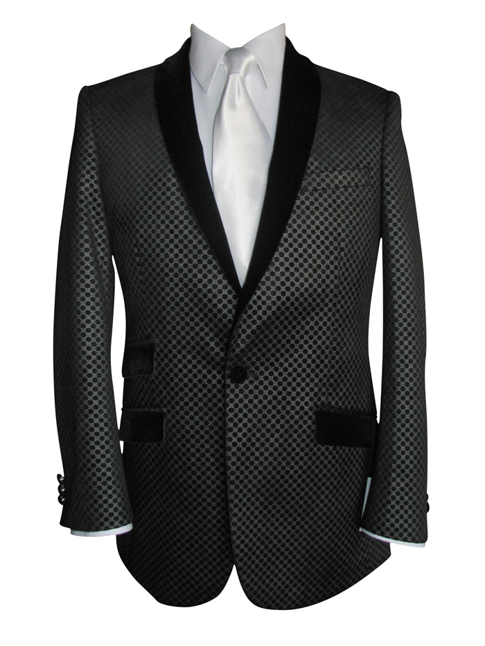 Black Velvet Tuxedo Jacket with Geometric Print