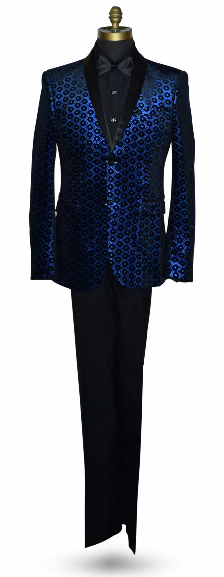 Blue Velvet Tuxedo Jacket with Geometric Print